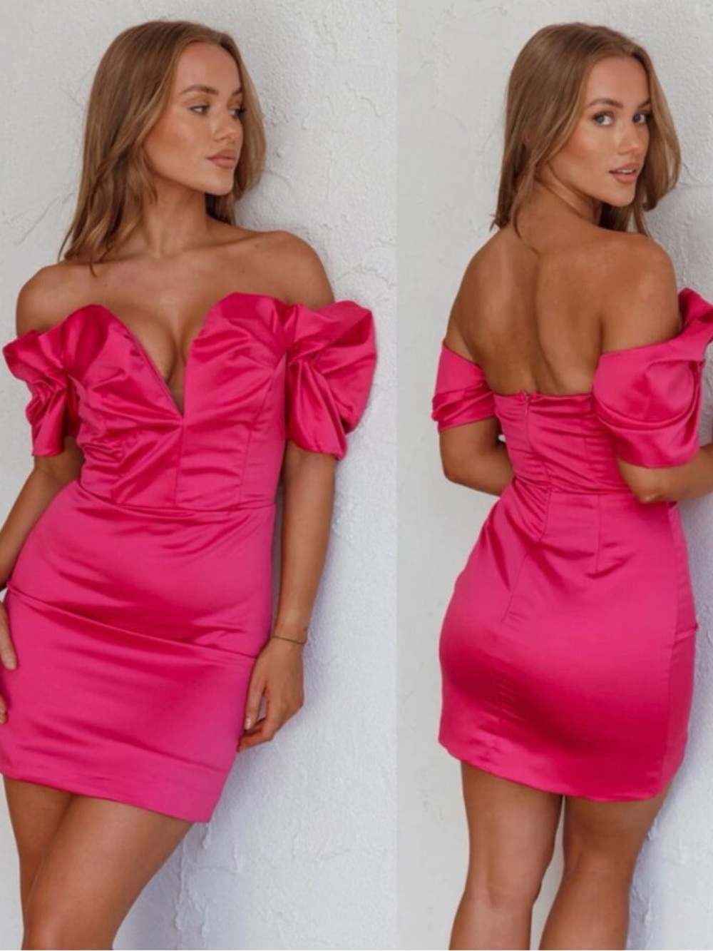 NWT SELFIE LESLIE Kayleigh Off-Shoulder Puff Neckline Mini Dress Berry Pink L